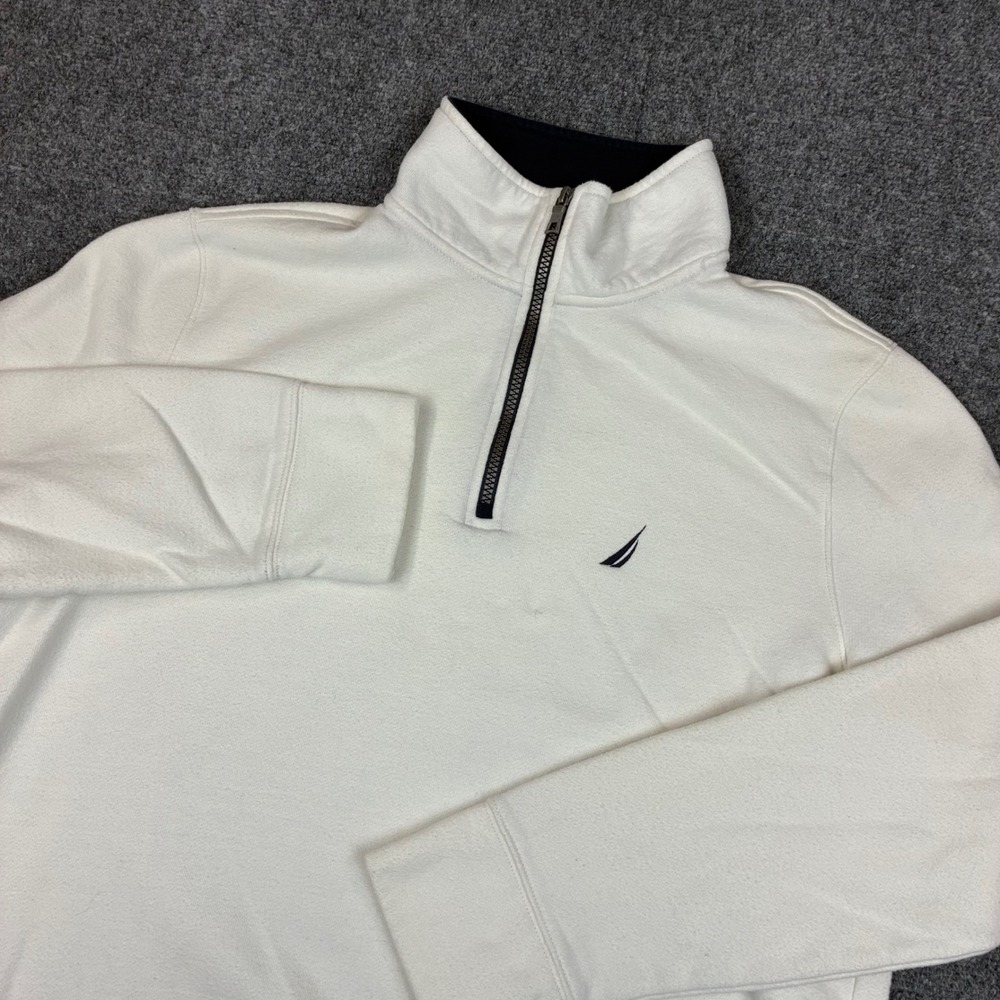 Nautica Mens Quarter Zip Pullover Sweatshirt Cream Off White Fleece Size Large